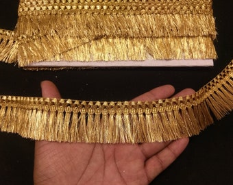 Indian Metallic Gold Indian hand work Tassels Fringe Lace Trim With Embellishment Border For Crafting, Sewing And Cloth Accessories.