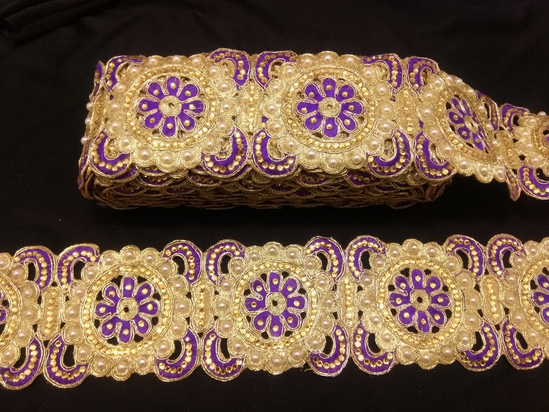 Floral Beaded Trim Gold beaded Lace Indian Beaded Gold And Purple Floral Embroidered Ribbon Lace Trim Gold Beaded Trim Indian Trims