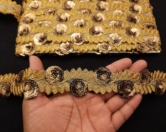 Gold Sequin Floral Trim: Indian Beaded Lace Ribbon