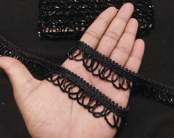Black Beaded Floral Fringe Lace Trim: Indian Embellishment Border