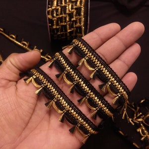 Indian Gold and Black Tassels Fringe Lace Trim With Embellishment Border For Crafting, Sewing And Cloth Accessories.