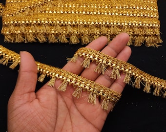 Indian Metallic Gold Indian hand work Tassels Fringe Lace Trim With Embellishment Border For Crafting, Sewing And Cloth Accessories.