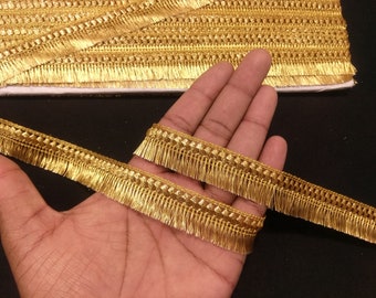 Indian Metallic Gold Indian hand work Brush Fringe Lace Trim With Embellishment Border For Crafting, Sewing And Cloth Accessories.