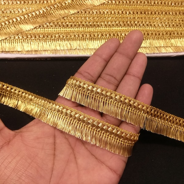 Indian Metallic Gold Indian hand work Brush Fringe Lace Trim With Embellishment Border For Crafting, Sewing And Cloth Accessories.