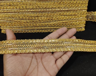 Bordure indienne en dentelle brodée jacquard fait main or métallisé avec bordure décorative pour travaux manuels, couture et accessoires en tissu