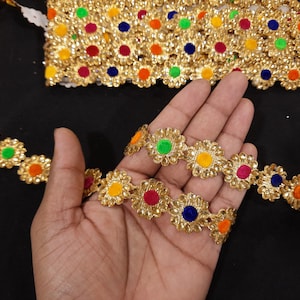 Gold Beaded Floral Applique Lace Trim - Indian Sewing Embellishment