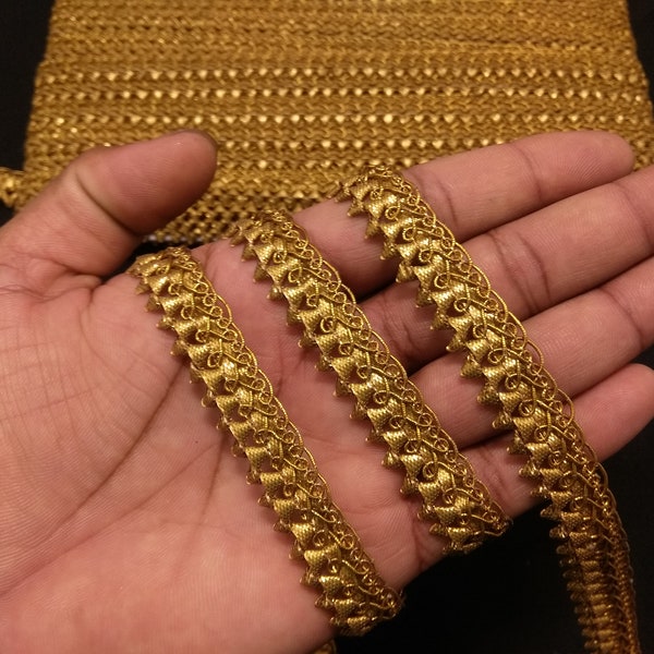 By Yard Metallic Antique Gold Indian hand work Fringe Ribbon Lace Trim With Embellishment Border For Crafting, Sewing And Cloth Accessories.