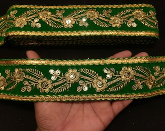 Bordure en dentelle ruban jacquard à sequins brodés vert indien et doré avec ornements pour couture et accessoires en tissu