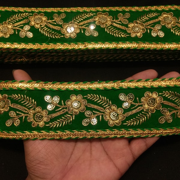 Indian Green and Gold Floral Embroidered Sequin Jacquard Ribbon Lace Trim With Embellishment Look For Crafting Sewing And Cloth Accessories