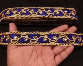 Indian Beaded Blue And Gold Floral Embroidered Ribbon Lace Trim, Floral Beaded Trim, Gold Beaded Trim, Indian Trim, Gold Trim