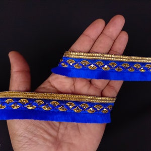 Indian Gold and Royal Blue Indian hand work Brush Fringe Lace Trim With Embellishment Border For Crafting, Sewing And Cloth Accessories.