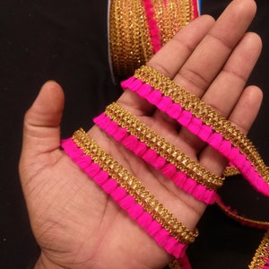 Indian Gold And Pink Indian hand work Tassels Fringe Lace Trim For Embellishment Border For Crafting, Sewing And Cloth Accessories.
