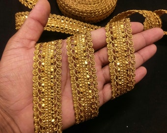 Gold Sequin Embroidered Lace Trim: Indian Handwork Border