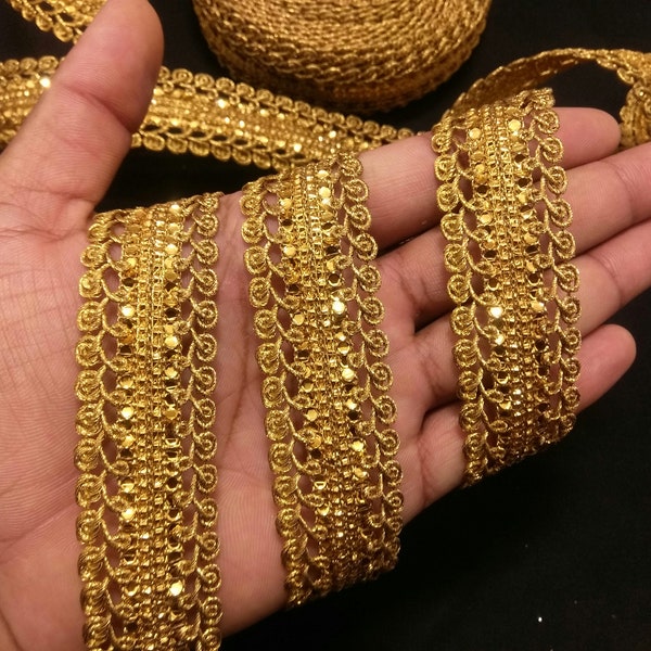 Indische Metallic-Gold-Pailletten-Handarbeit, gewebter, bestickter Spitzenbesatz mit Verzierungsborte zum Basteln, Nähen und Stoffzubehör