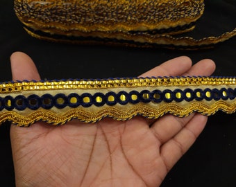 Gold & Navy Blue Woven Fringe Lace Trim: Hand Work Embellishment Border