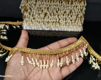 Gold Beaded Indian Tassel Lace Trim: Dress Embellishment Border