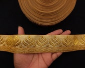 Indian Metallic Gold Floral Jacquard Ribbon Lace Trim With Embellishment Design For Crafting, Sewing And Cloth Accessories.