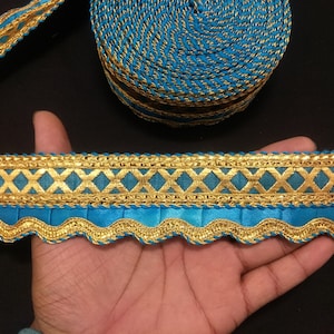 Sky Blue & Gold Fabric Fringe Trim: Indian Embellishment Border