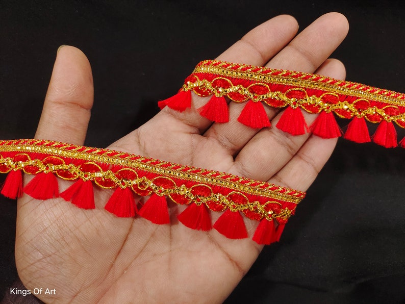 Bordure en dentelle tissée rouge indien avec franges brossée et bordure décorative pour travaux manuels, couture et accessoires en tissu. image 2