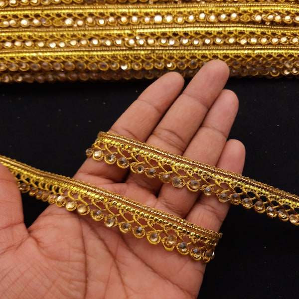 Indian Gold Beaded Floral Fringe Lace Trim For Decoration Of Dresses With Embellishment Border For Crafting, Sewing And Cloth Accessories