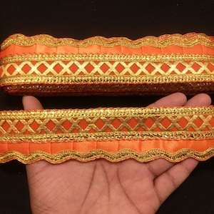 Indian Gold and Orange Fabric Fringe Gold Border Ribbon Lace Trim For Embellishment Border For Crafting, Sewing And Cloth Accessories.