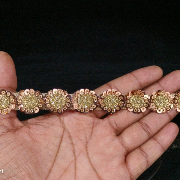 Indian Rose Gold Sequin Floral Ribbon Lace Trim For Embellishment Border For Crafting, Sewing And Cloth Accessories.