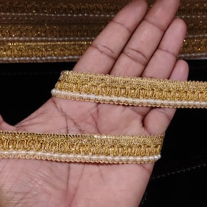 Indian Metallic Gold Beaded Ribbon Border Lace Trim With For Decoration Of Dresses For Crafting, Sewing And Cloth Accessories.
