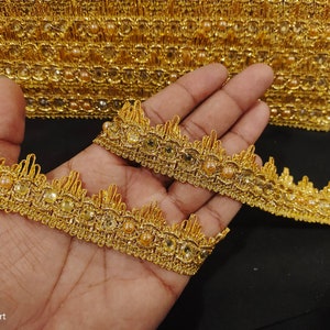 Indian Gold Beaded Floral Fringe Lace Trim For Decoration Of Dresses With Embellishment Border For Crafting, Sewing And Cloth Accessories
