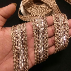 Rose Gold Sequin Embroidered Lace Trim: Metallic Woven Border