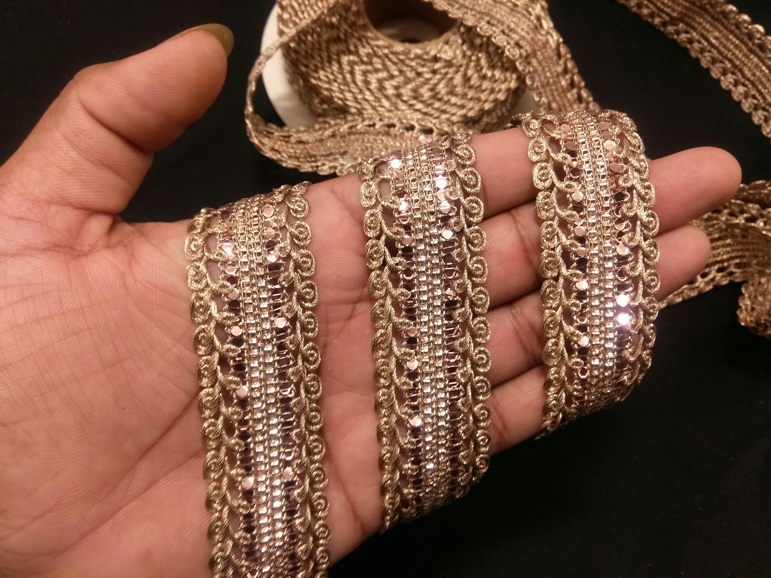 Rose Gold Sequin Embroidered Lace Trim: Metallic Woven Border
