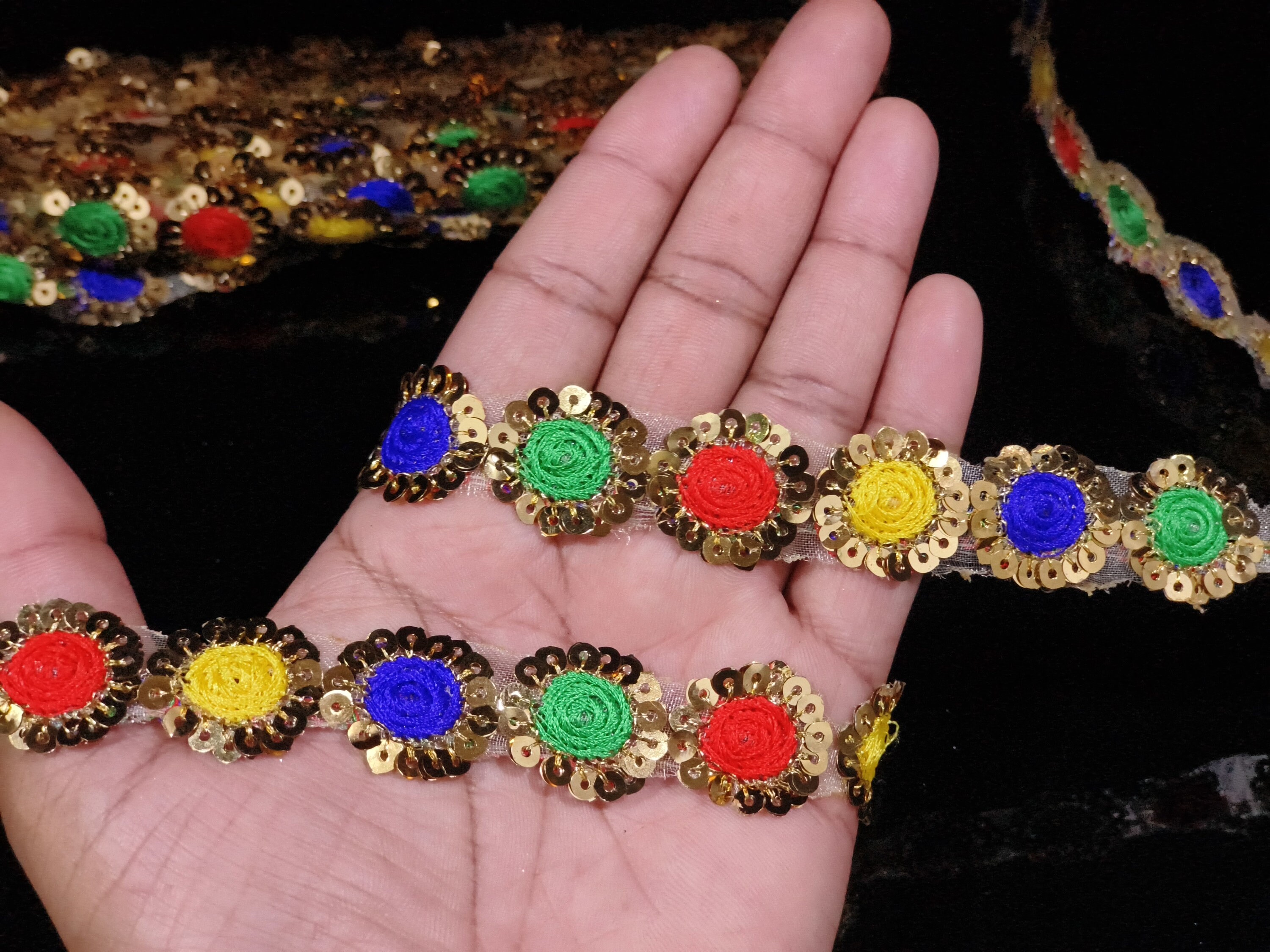 Indian Sequin Floral Ribbon Lace Trim: Multicolour Embellishment Border