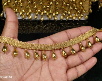 Garniture en dentelle à franges et franges en perles d'or indien pour la décoration de robes avec bordure décorative pour travaux manuels, couture et accessoires en tissu