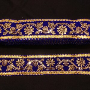 Indian Blue and Gold Floral Embroidered Sequin Jacquard Ribbon - Etsy