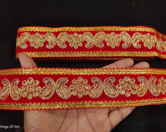 Indian Hand Work Red and Gold Embroidered Sequin Ribbon Lace Trim Stripe With Embellishment Design For Crafting Sewing And Cloth Accessories