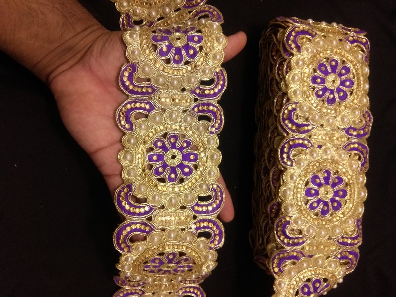 Floral Beaded Trim Gold beaded Lace Indian Beaded Gold And Purple Floral Embroidered Ribbon Lace Trim Gold Beaded Trim Indian Trims