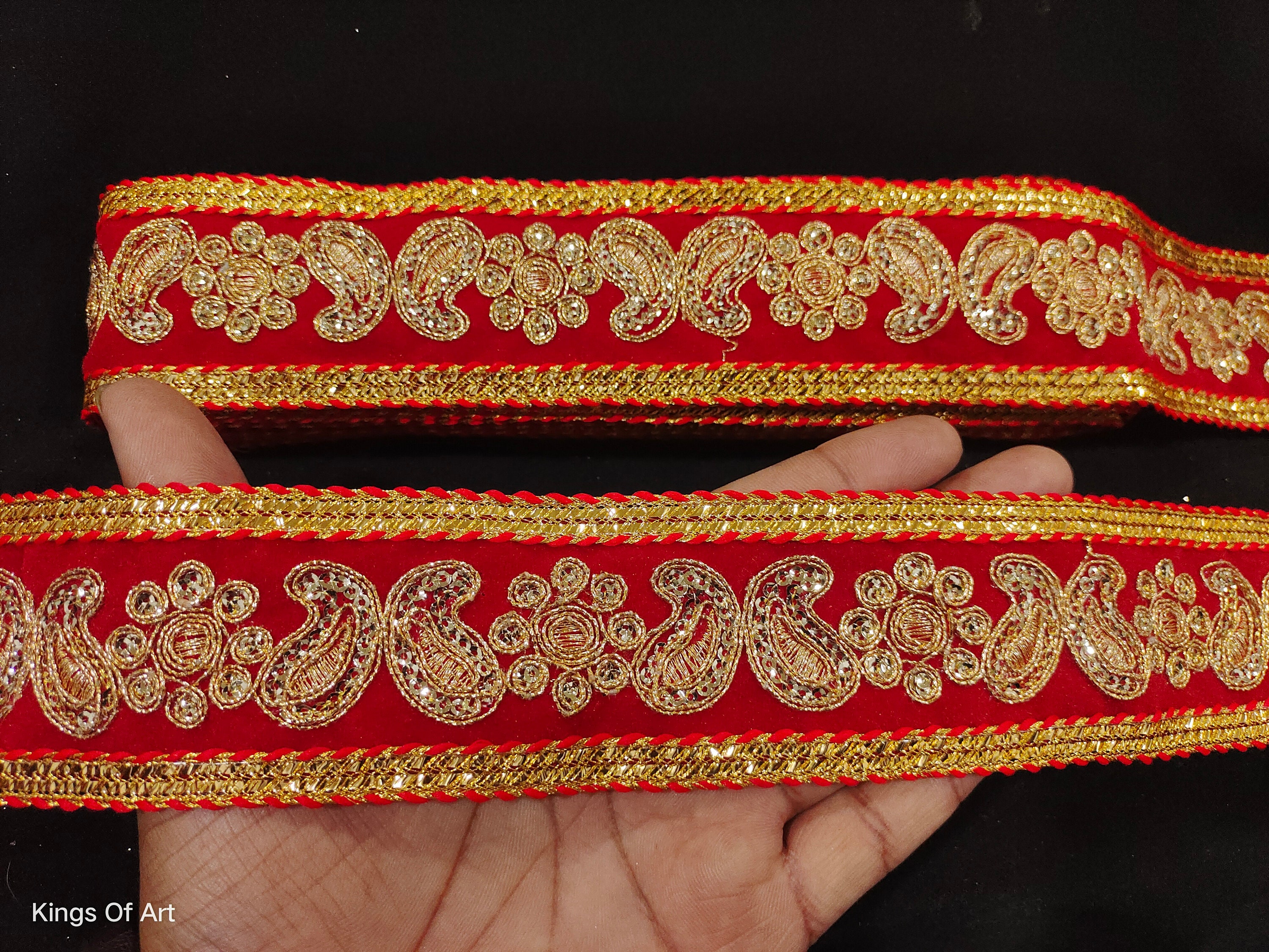 Indian Hand Work Red and Gold Embroidered Sequin Ribbon Lace - Etsy