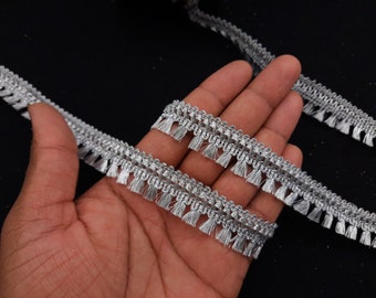 Indian Metallic Silver Indian hand work Tassels Fringe Lace Trim With Embellishment Border For Crafting, Sewing And Cloth Accessories.