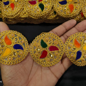 This is Indian Metallic Gold Multi Colour Beaded Woven Net Floral Patch Lace Trim With Embellishment Border For Crafting And Sewing