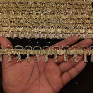 Indian Metallic Beige Gold Woven Tassel Fringe Gold Border Ribbon Lace Trim Embellishment Border For Crafting, Sewing And Cloth Accessories.