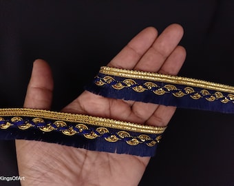 Gold and Navy Blue Brush Fringe Lace Trim: Indian Handwork Embellishment Border