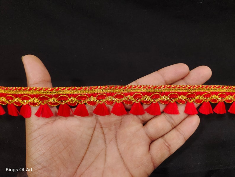 Bordure en dentelle tissée rouge indien avec franges brossée et bordure décorative pour travaux manuels, couture et accessoires en tissu. image 5