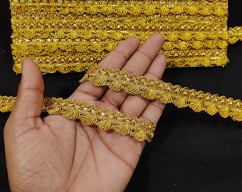 Indian Metallic Gold Woven Scallops Floral Fringe Lace Trim For Embellishment Border For Crafting, Sewing And Cloth Accessories.