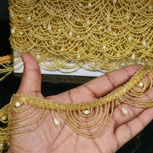 Gold and White Beaded Indian Tassel Lace Trim, Gold Beaded Trim, Beaded Tassel Trim, Indian Laces, Indian Trims, White Beaded Tassel