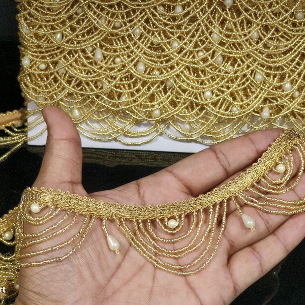 Garniture en dentelle de pampilles indiennes or et blanc, garniture de perles dorées, garniture de pampilles de perles, lacets indiens, garnitures indiennes, pampilles de perles blanches