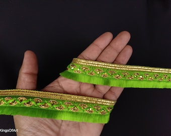 Indian Parrot Green and Gold Brush Fringe Lace Trim With Embellishment Border For Crafting, Sewing And Cloth Accessories.