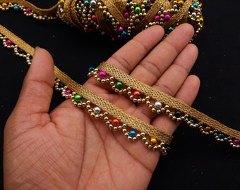 Indian Multi Color Beaded  Fringe Ribbon Lace Trim With Embellishment Border For Crafting, Sewing And Cloth Accessories.