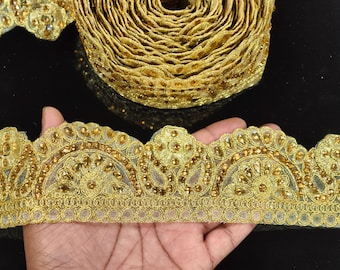 Indian Beaded Gold Floral Embroidered On Net Fabric Ribbon Lace Trim
