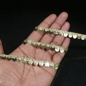 Indian Metallic Beige Gold Sequin Indian Lace Trim With Embellishment Border For Crafting, Sewing