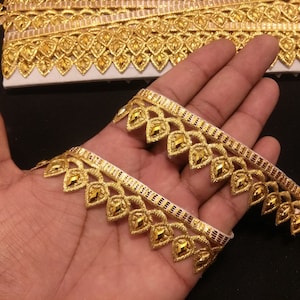 Indian Gold Beaded Floral Fringe Lace Trim For Decoration Of Dresses With Embellishment Border For Crafting, Sewing And Cloth Accessories