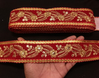 Indian Red and Gold Floral Embroidered Sequin Jacquard Ribbon Lace Trim With Embellishment Look For Crafting Sewing And Cloth Accessories